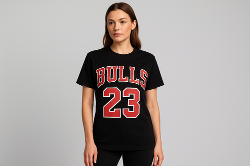 Female Model in Black Bulls T-shirt