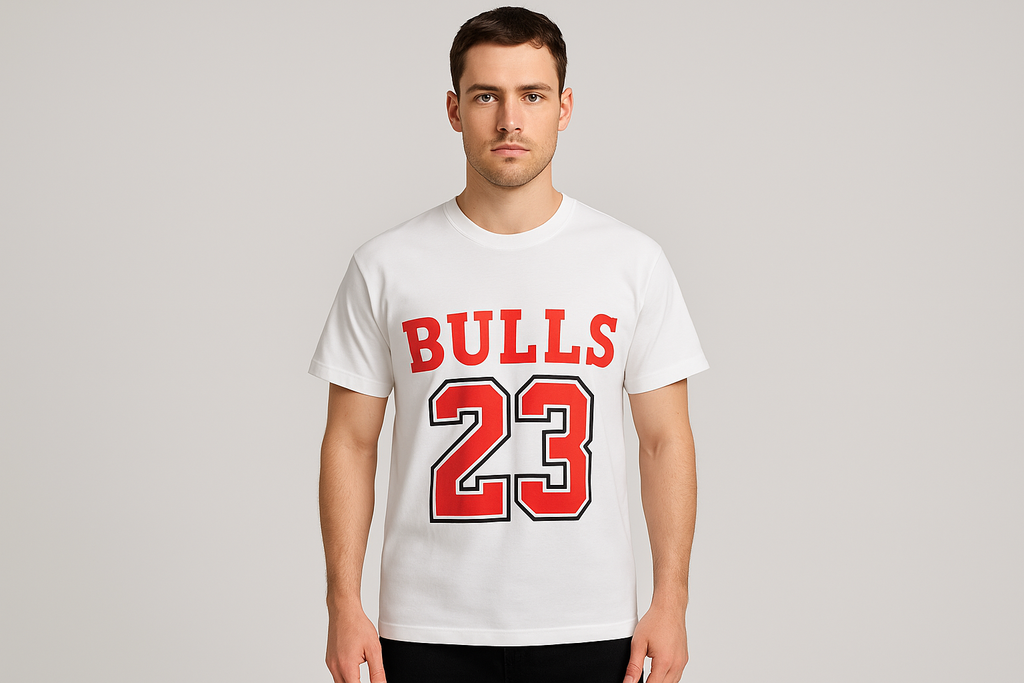 Male Model in White Bulls T-shirt