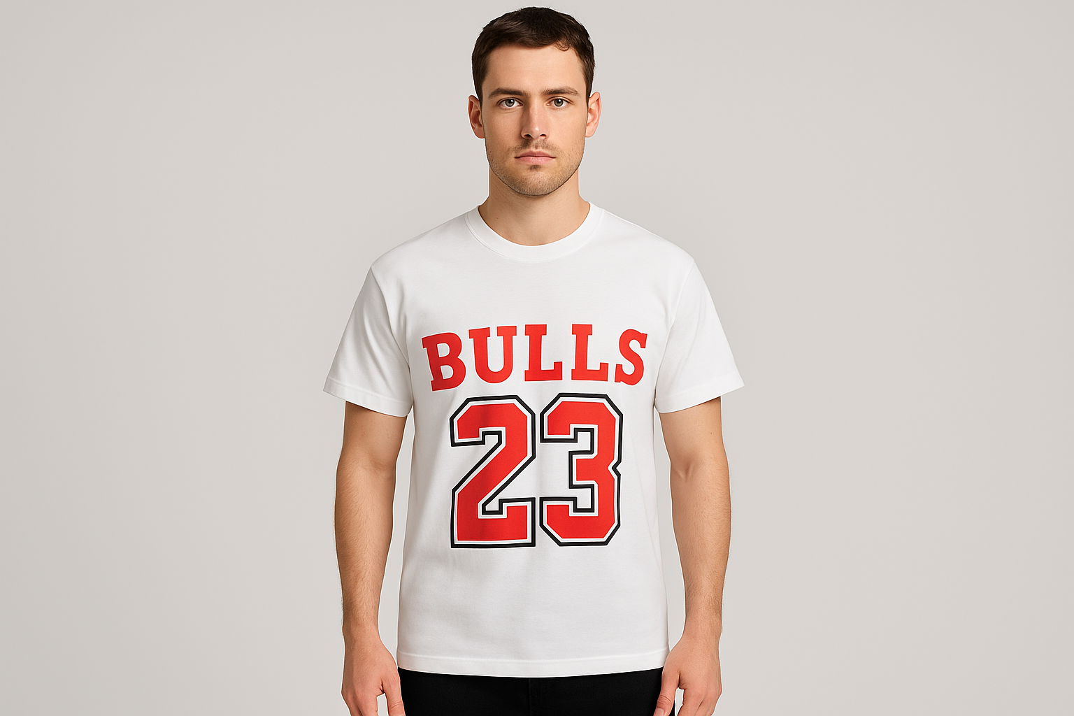 Male Model in White Bulls T-shirt